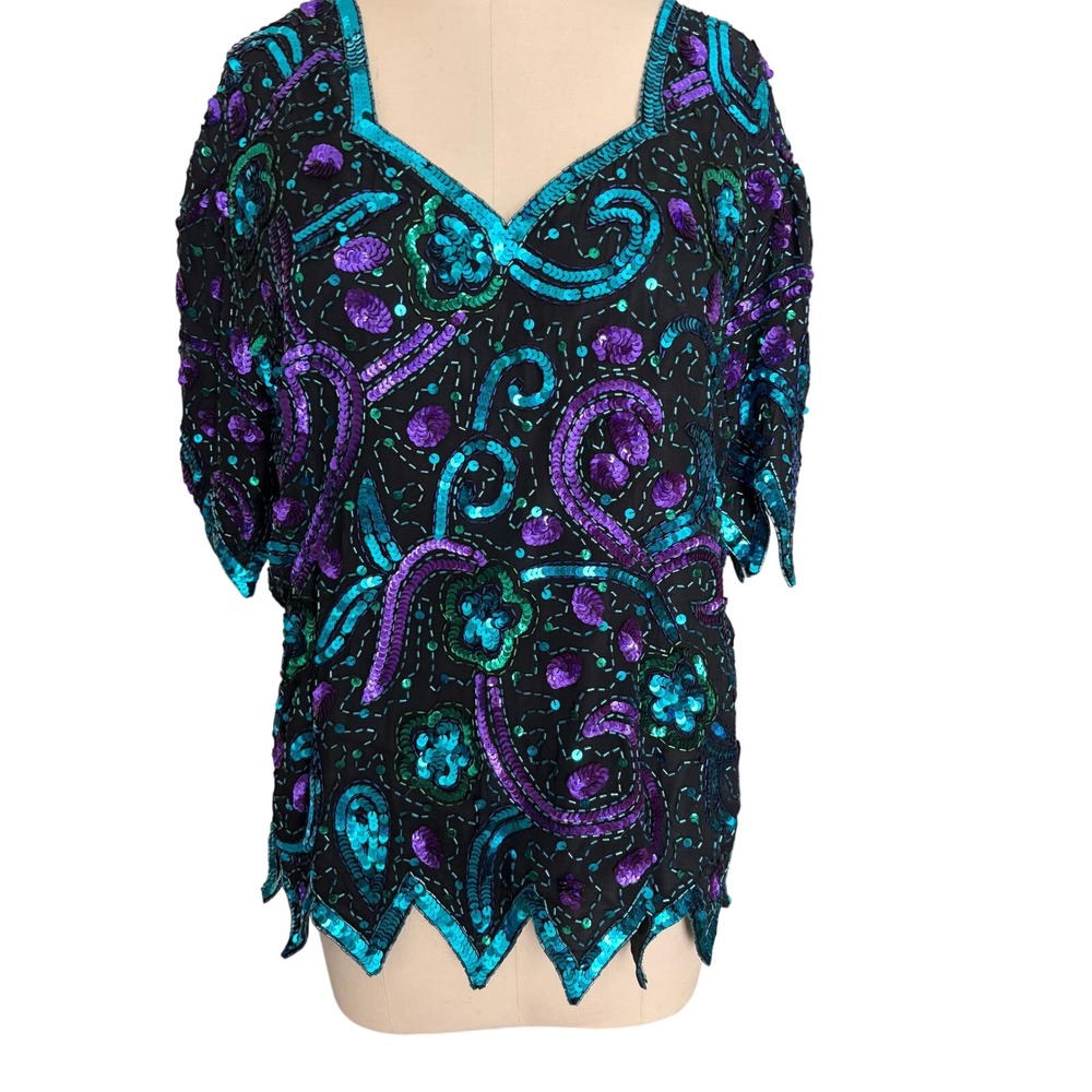 Laurence Kazar Sequin Blouse Womens L Black Excellent Vintage Silk Beaded Top